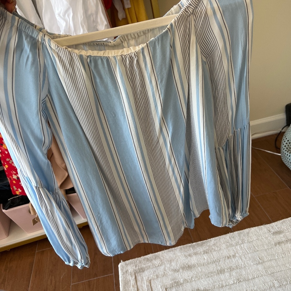 WAYF off the shoulder flowy shirt blue white and grey striped